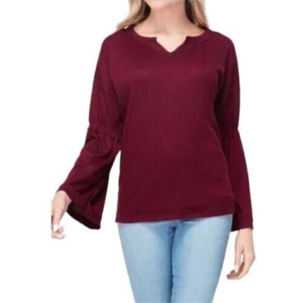 Baea Women's‎ V-Neck Flare Long Sleeve Thermal Top In Bordeaux Large MSRP $78